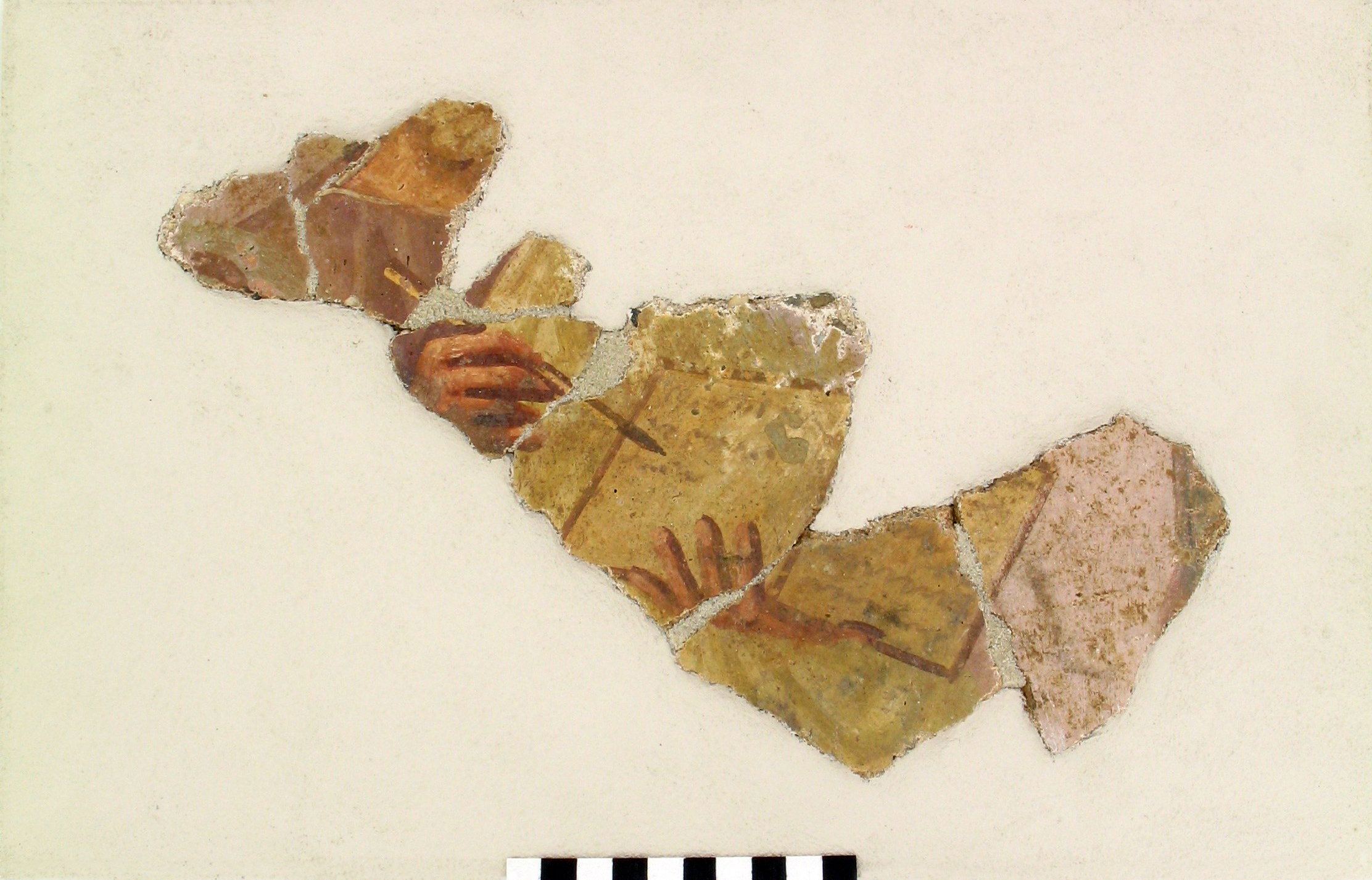 Fragment van muurschildering van schrijvend persoon (villa Maasbracht)